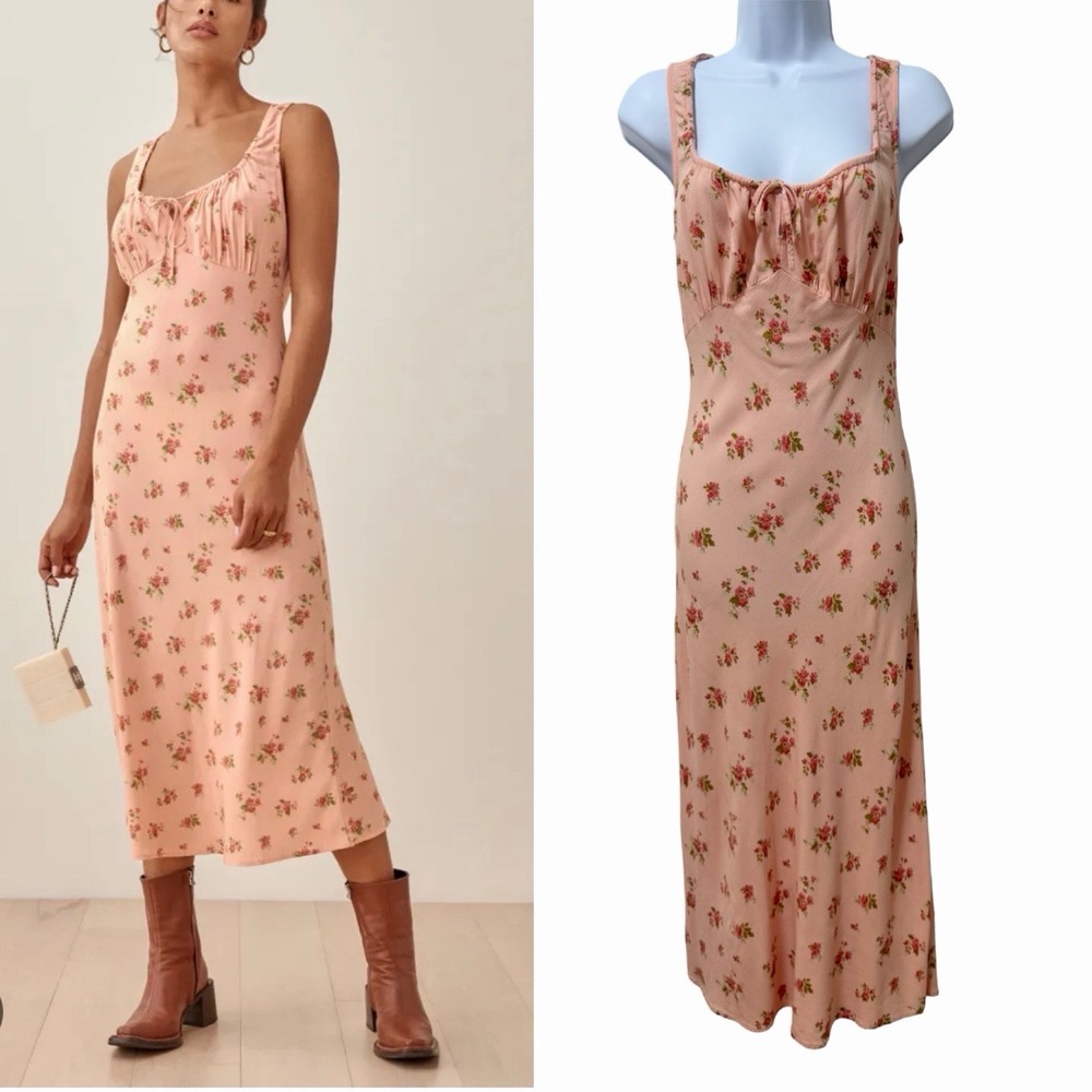 Reformation Lauryl Floral‎ Babydoll Midi Dress Size 0 Pink Coquette Milkmaid